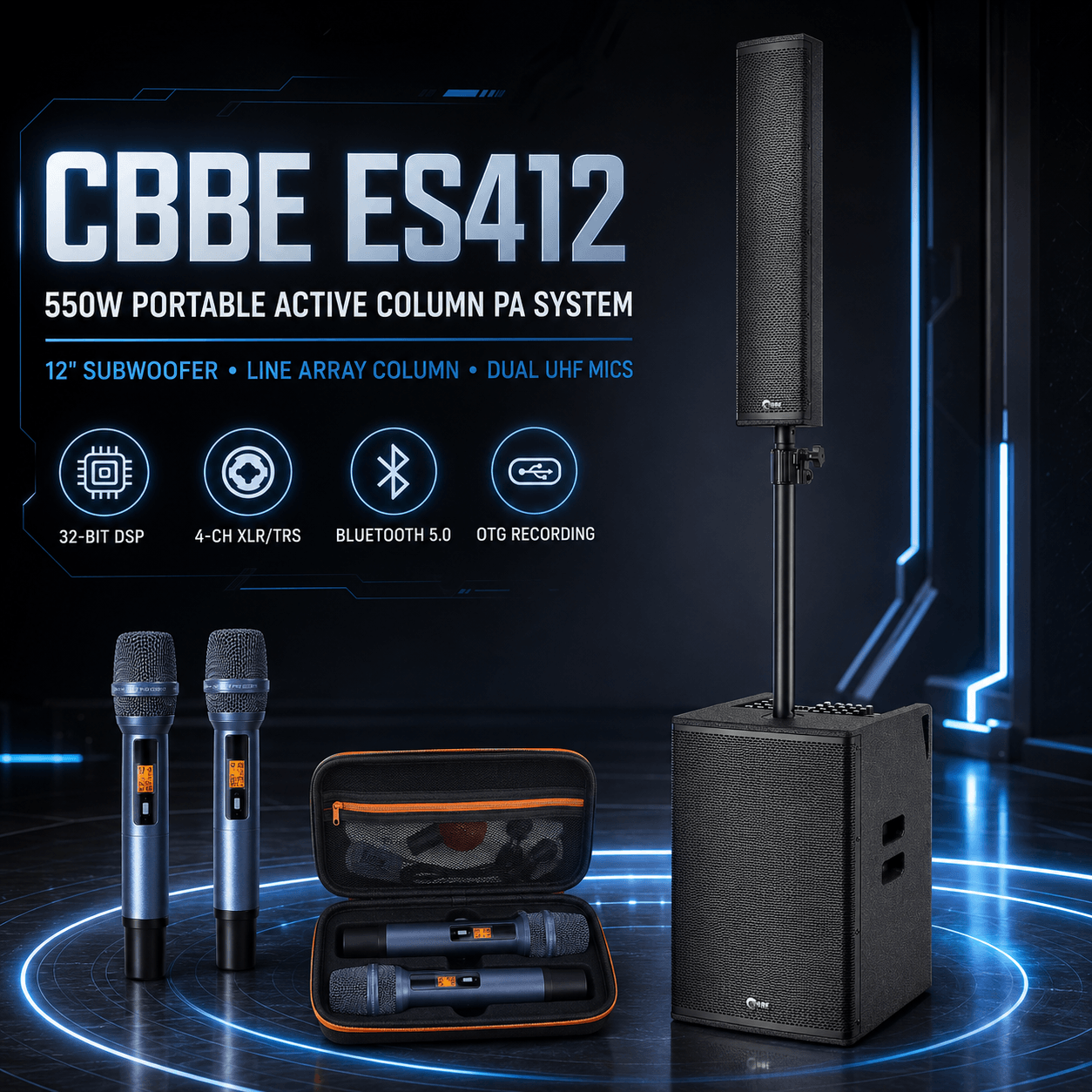 CBBE ES412 550W Portable Active Column PA System with 12" Subwoofer, Line Array Column & 4-Ch XLR
