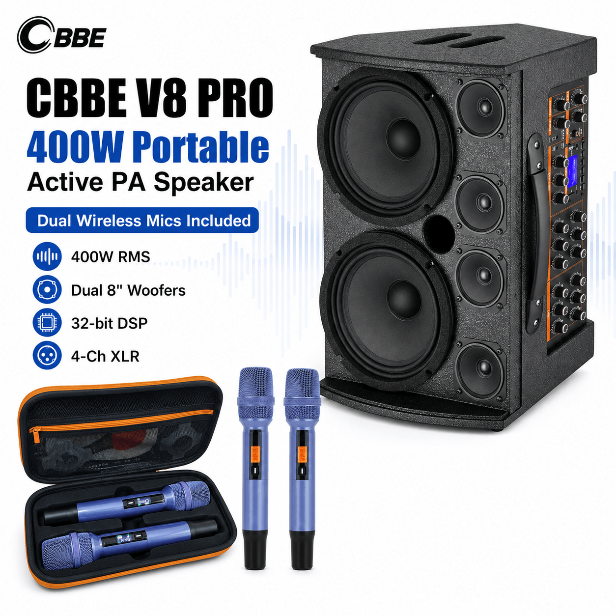 CBBE V8 PRO 400W Portable Active PA Speaker with Dual 8" Woofers, 32-bit DSP & 4-Ch XLR