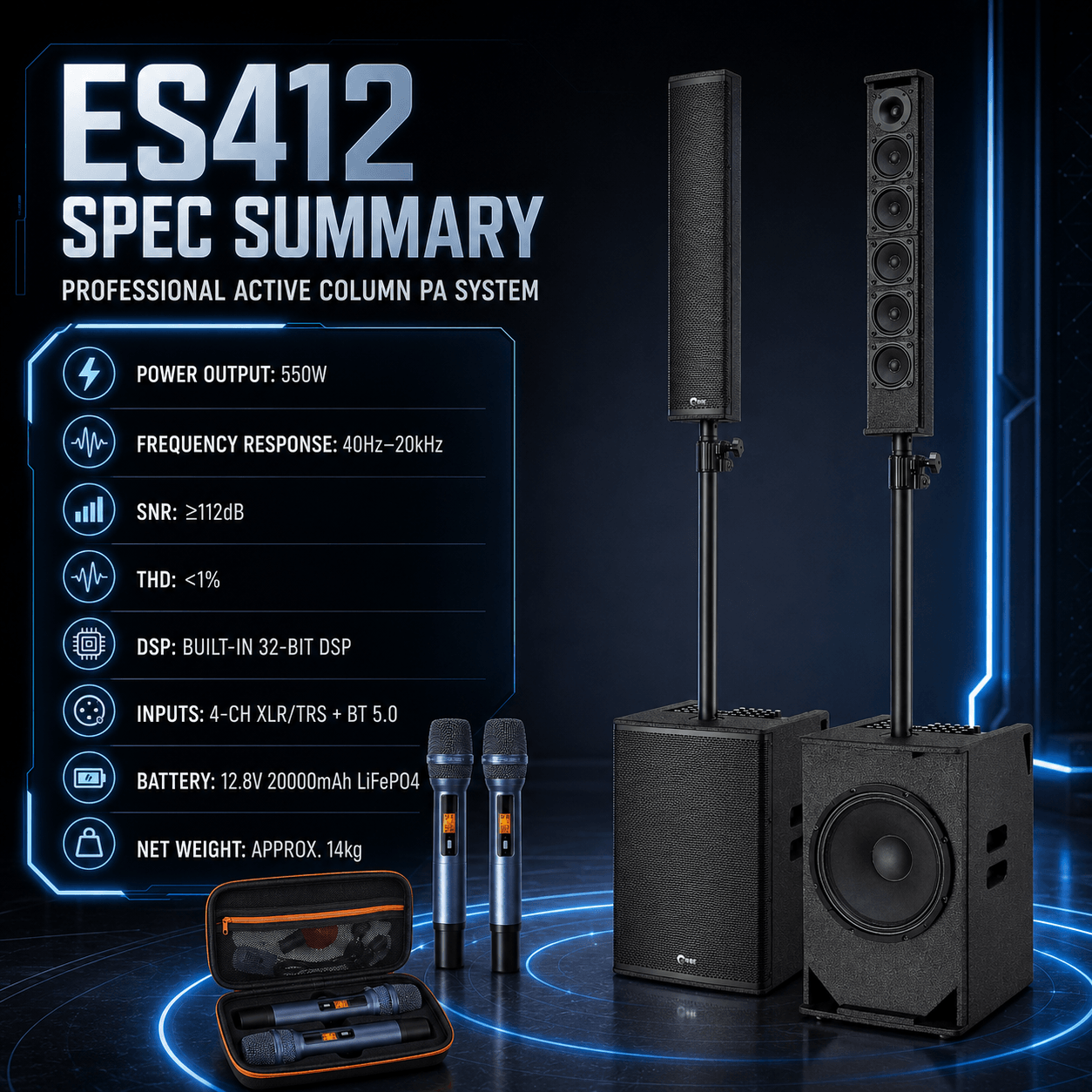 CBBE ES412 550W Portable Active Column PA System with 12" Subwoofer, Line Array Column & 4-Ch XLR