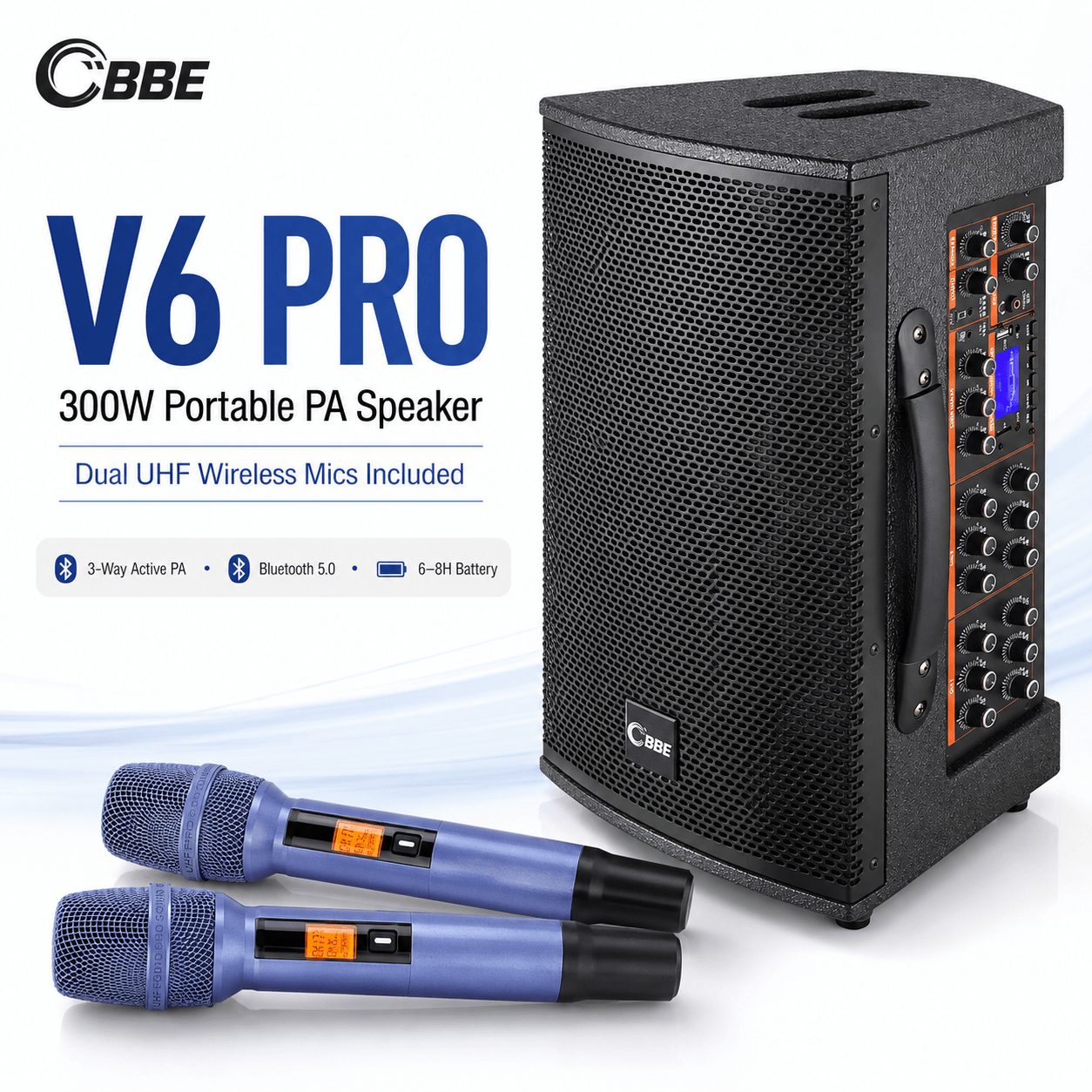 CBBE V6 PRO 300W Portable Active PA Speaker with Dual 6.5" 32-bit DSP, 4-Ch XLR & Wireless Mics